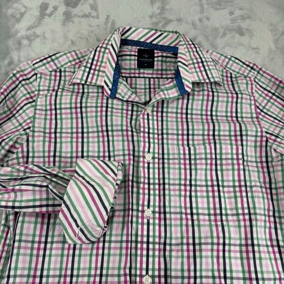 Tailorbyrd Shirt Mens Medium Pink Green Plaid Flip Cuff Button‎ Up Pocket - Picture 1 of 13